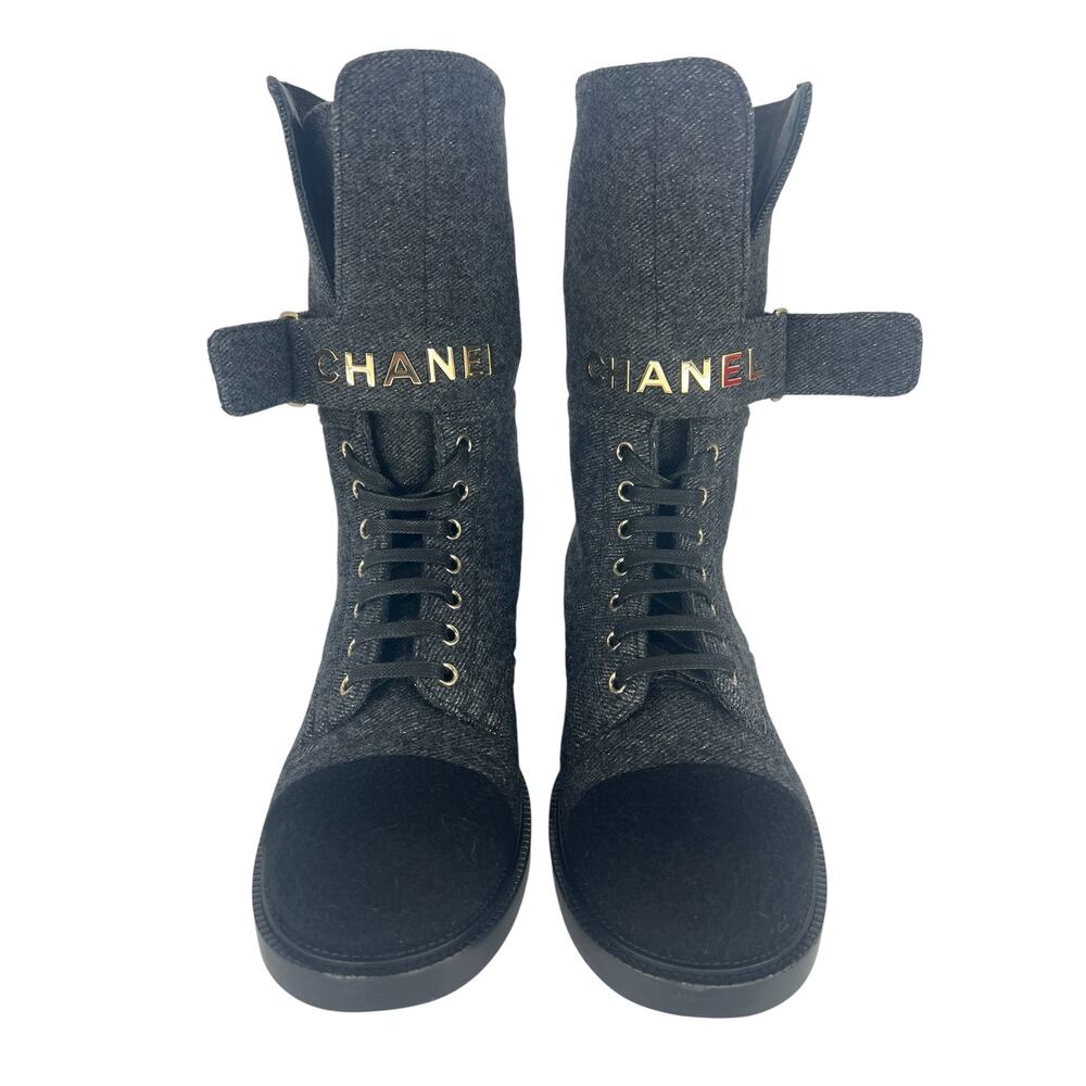 Chanel 2021 Interlocking CC Cap Toe Tweed Logo Combat Boots - Picture 5 of 16